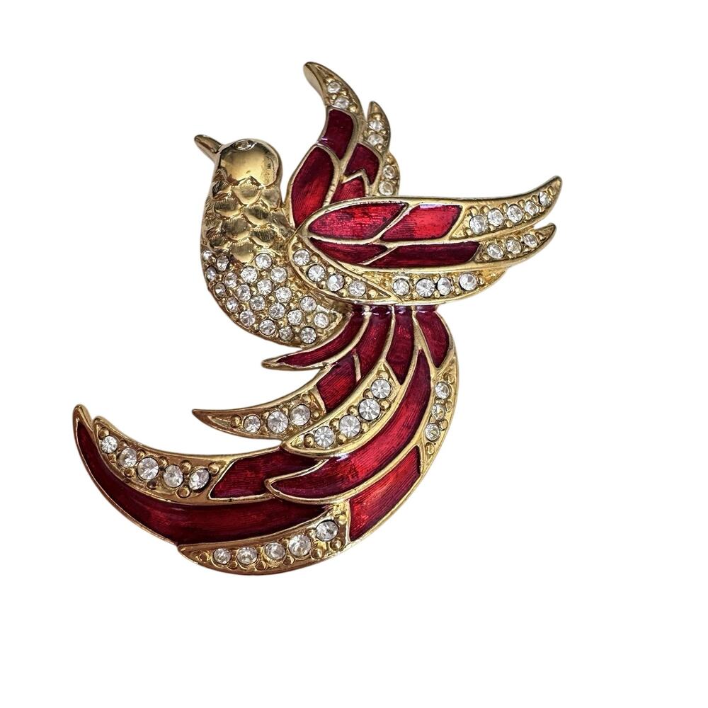 Vintage Giorgio Gold tone with Red Enamel & Clear Crystals Bird BROOCH